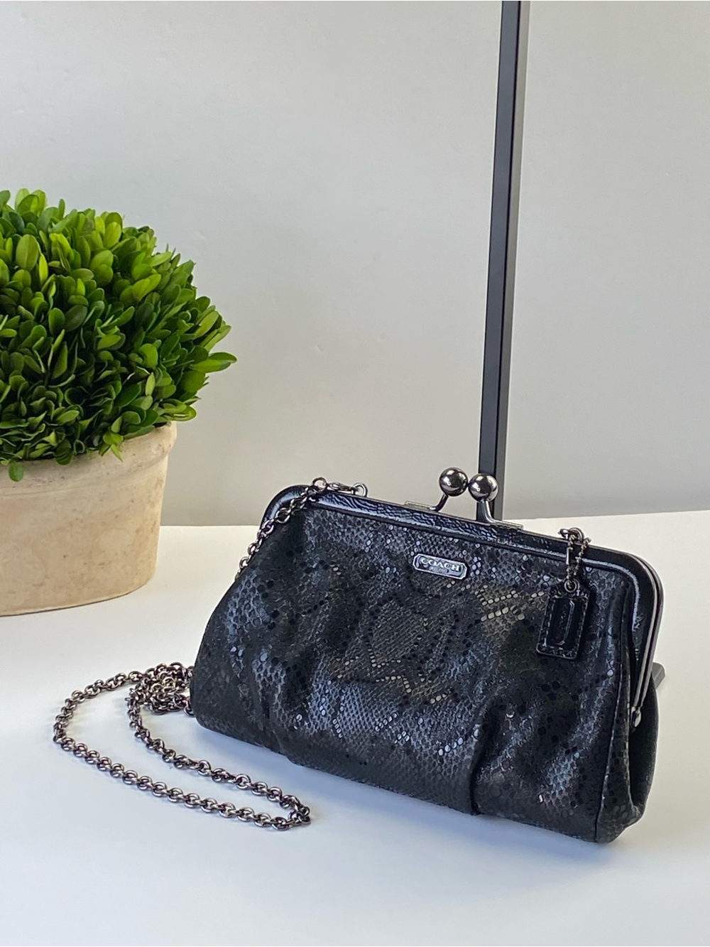 Coach Kisslock Black Python Snake-Textured Frame Clutch Chain Bag - Picture 14 of 15